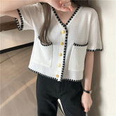 V-Neck Short Sleeve Knitted Tunic Cropped Shirt